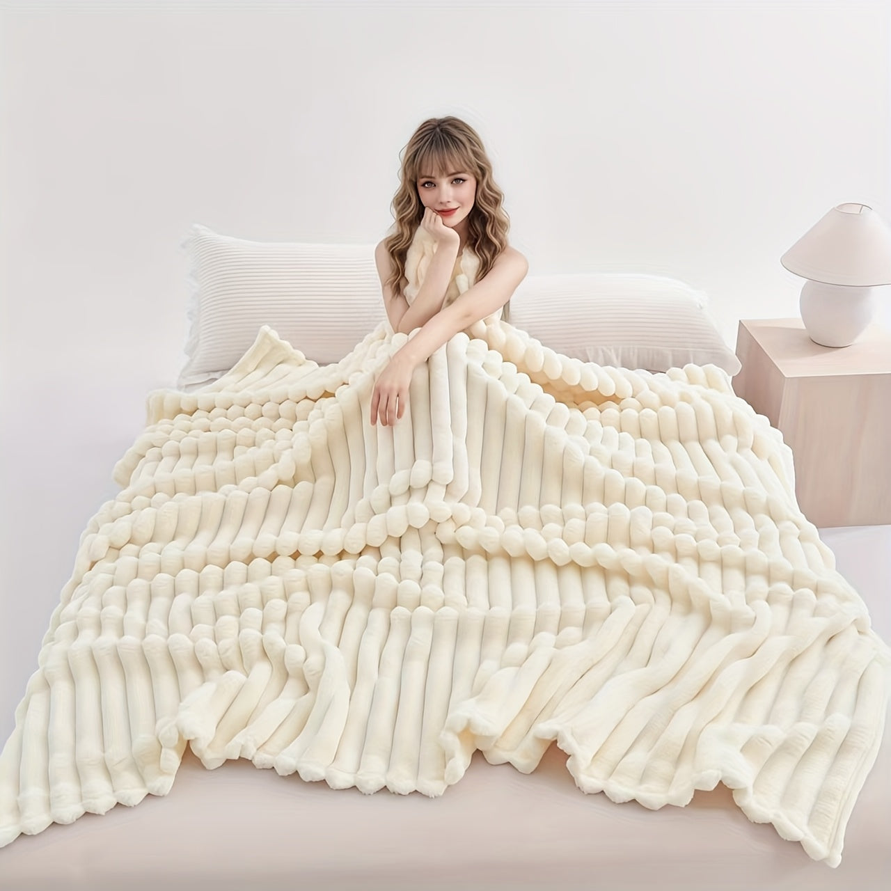 Luxurious Faux Rabbit Fur Throw Blanket - Super Soft & Warm All-Season Cozy Blanket for Couch, Bed, Travel, Camping, Office - Plush Faux Rabbit Fur, Beige & White Striped Contemporary Design, Machine Washable, Versatile Indoo