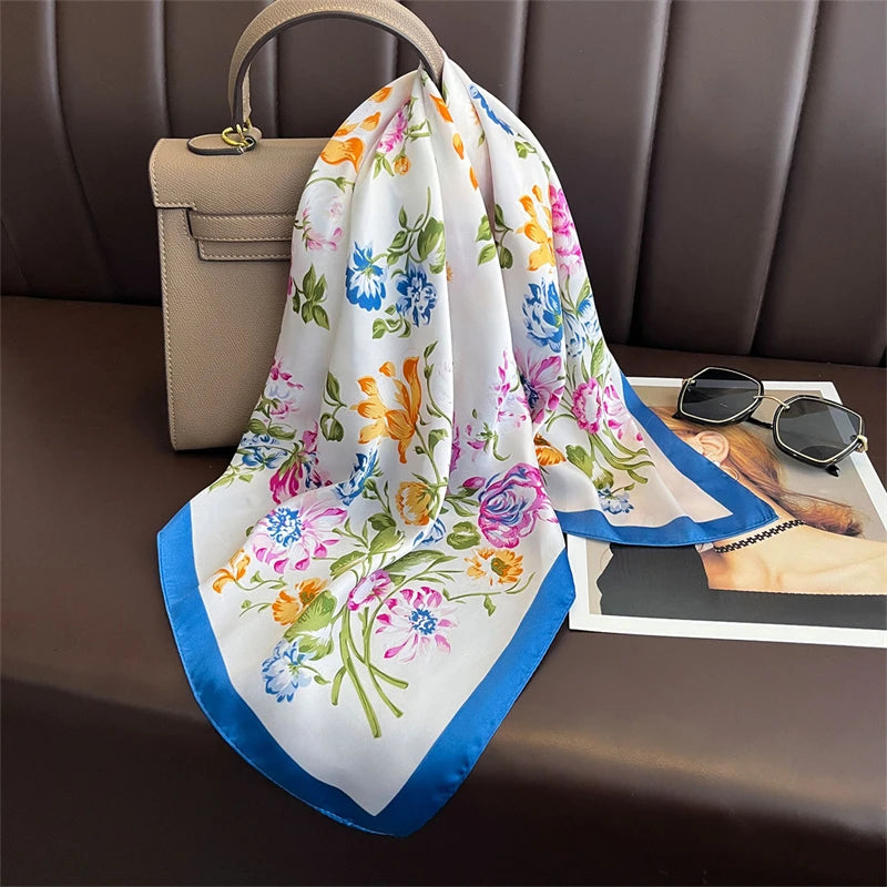 Bohemian Style Print Luxury Brand Silk Square Scarf Women Satin Shawls Neckerchief Wrap Scarves Bandana Hair Hjiab Floral