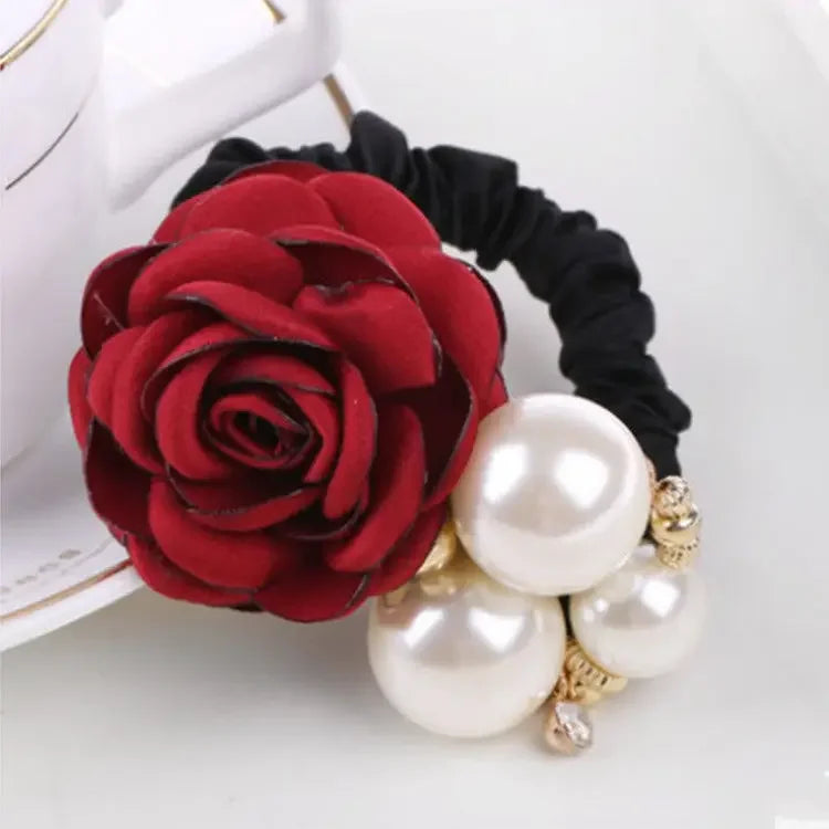 Hair Ties Korean Faux Pearl Fabric Rose Flower Scrunchie Wide Rubber Band For Women Girls Thick Hair Thin Hair Accessories
