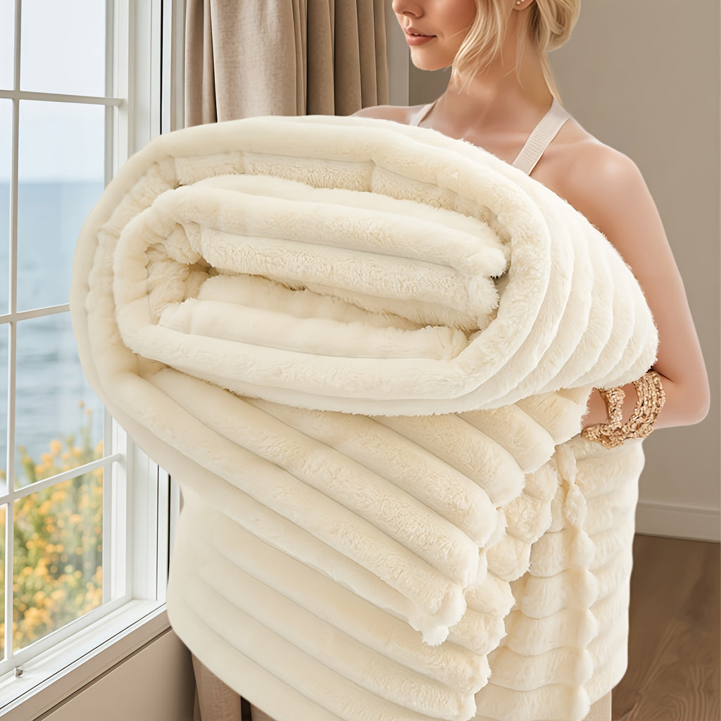 Luxurious Faux Rabbit Fur Throw Blanket - Super Soft & Warm All-Season Cozy Blanket for Couch, Bed, Travel, Camping, Office - Plush Faux Rabbit Fur, Beige & White Striped Contemporary Design, Machine Washable, Versatile Indoo